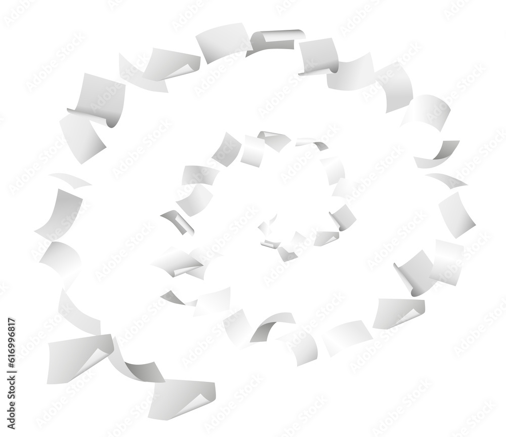 Fototapeta premium Blank white sheets of paper flying in spiral pattern on transparent background