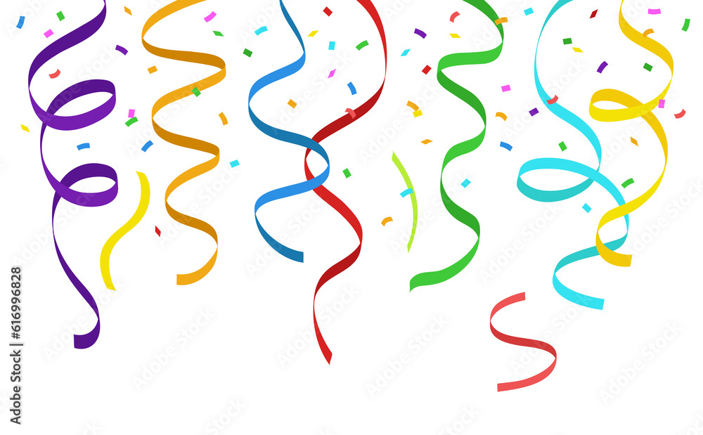 Obraz premium Border with decorative colorful hanging streamers and flying confetti on transparent background