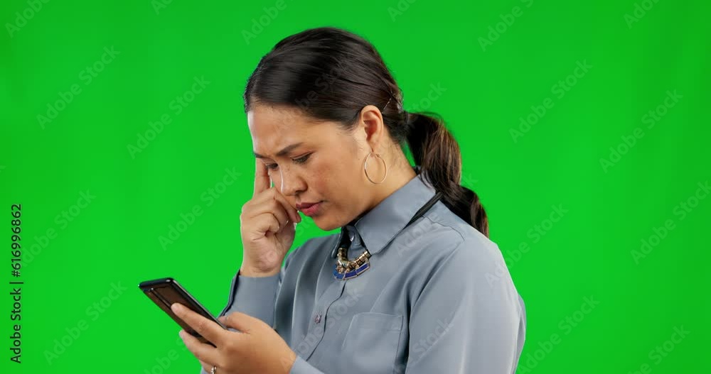 Thinking, phone and woman on green screen typing an idea, question or confused on social media, web or mobile app. Person, smartphone and search online for information, technology and communication Thinking, phone and woman on green screen typing an idea, question or confused on social media, web or mobile app. Person, smartphone and search online for information, technology and communication