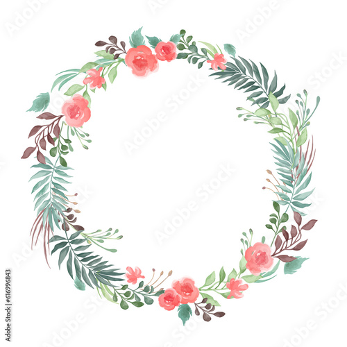 Beautiful romantic watercolor style floral round frame or wreath for your greeting card or invitation