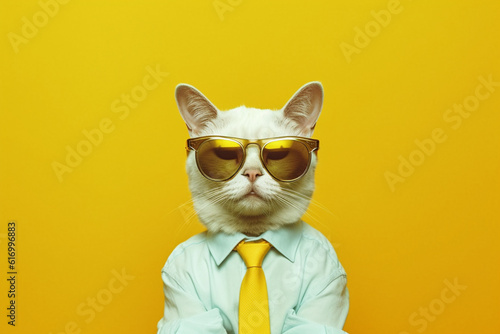 Stylish portrait of a white cat in sunglasses on a bright yellow background. Generative Ai