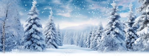 A serene winter landscape with snow-covered trees, glistening snowflakes, and a hint of holiday magic, creating a peaceful and enchanting scene for Christmas web banners. Generative AI © bluebeat76