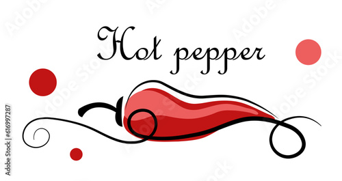 Red, spicy pepper on a white background. Vector illustration in doodle style. Lettering