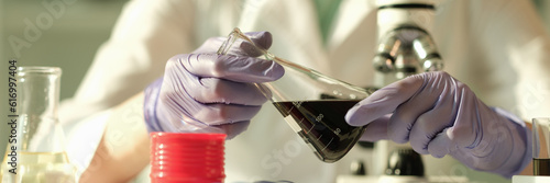 Scientist chemist holding in his hands flask with oil in chemical laboratory closeup. Quality control of composition of petroleum products concept photo