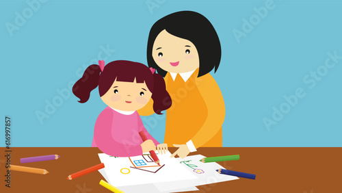 Mother and daughter drawing at home. Vector illustration in flat style.