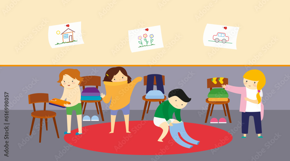 Children in classroom vector illustration. Flat design of children doing homework.