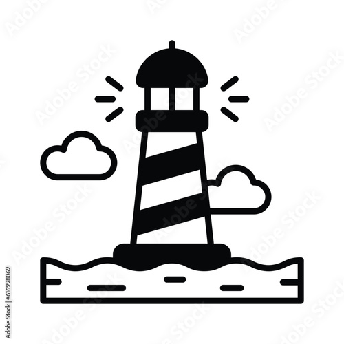 A tower containing a beacon light to warn or guide ships at sea, well designed icon of lighthouse
