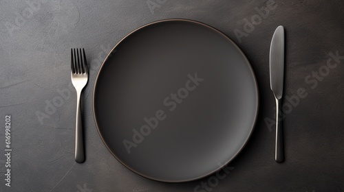 Top view of An empty plate with cutlery on a dark concrete background, Generative AI