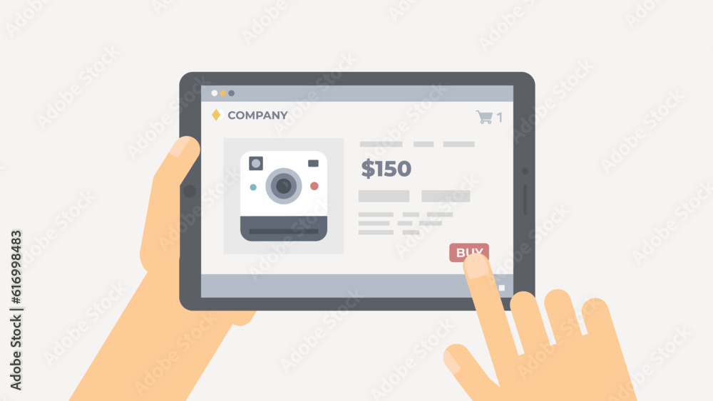 Shopping online vector illustration. Hand selects items on a tablet via application or website. Internet ordering and shipping concept. Shopping online vector illustration. Hand selects items on a tablet via application or website. Internet ordering and shipping concept.