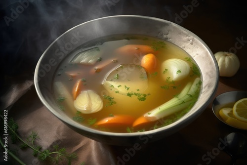 Vegetable vegetarian soup with potato, carrot, onion, celery in metal plate bowl on dark tablecloth background