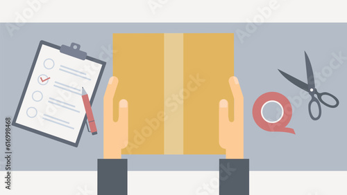 Packaging goods vector. Hands pack the box. Compiling an order for delivery. Package or parcel is ready to ship.