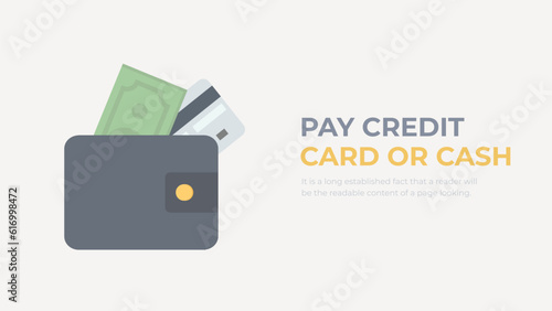 Wallet with a banknote and a credit card vector. Payment in cash or cashless concept. 