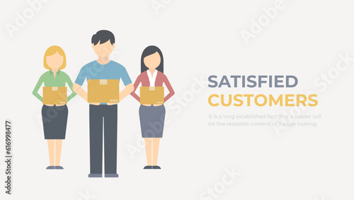 Delivery for customers. Characters with parcels in hands. Satisfied happy customers with orders. Logistics service vector concept. 