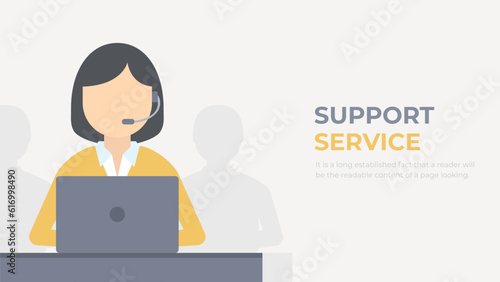 Customer service illustration. Hotline, telephone helpdesk employee advises clients. Flat vector.