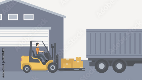 Forklift loads cargo into truck. Electric uploader loading cardboard boxes in delivery vehicle. Logistic and shipping cargo. Warehouse storage equipment.