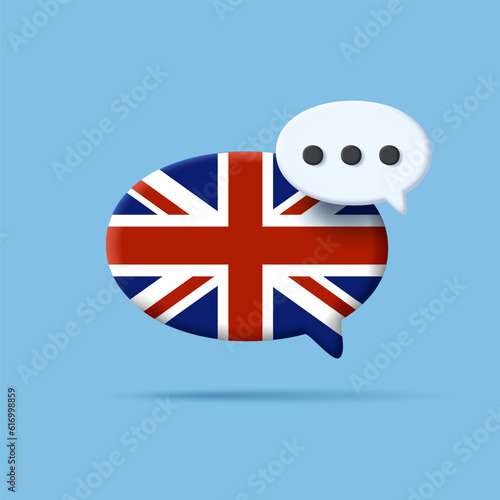 Speech bubble with Great Britain flag and bubble with message, support chat in english 3d icon