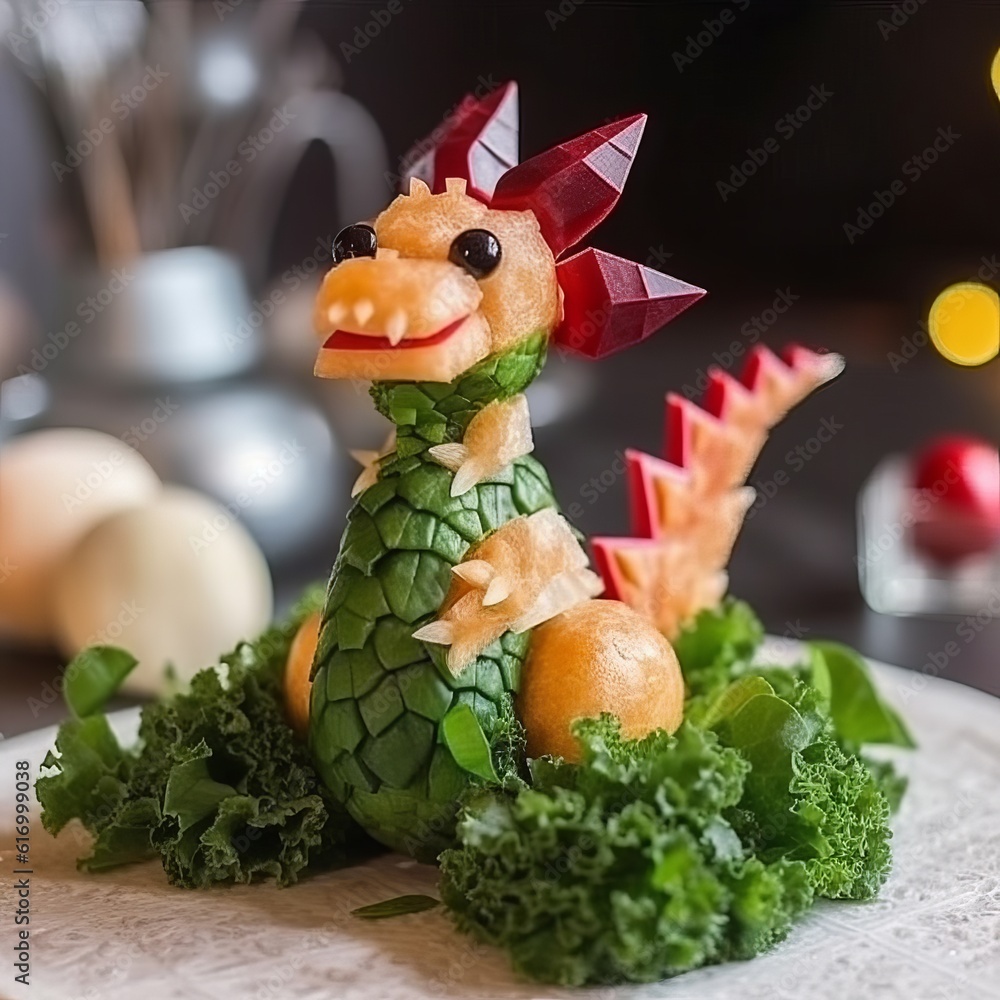 Green dragon from vegetables and herbs. Carving in cooking as the art