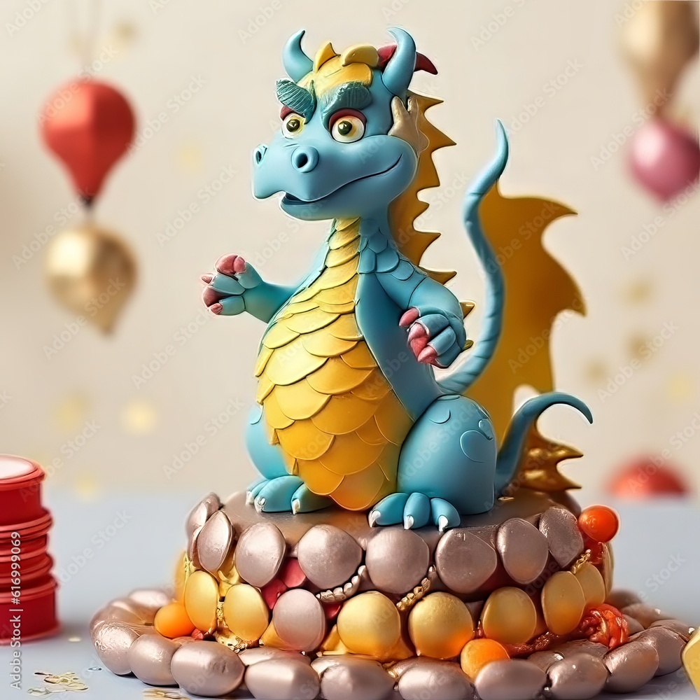 Cake made of mastic in the form of a green dragon. Sweet food decoration for a feast for the holiday. New Year's decor. Generative AI Cake made of mastic in the form of a green dragon. Sweet food decoration for a feast for the holiday. New Year's decor. Generative AI