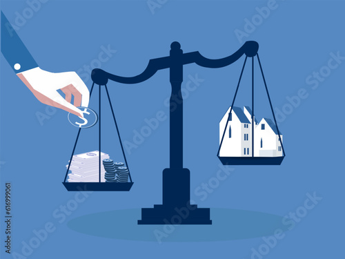 Vector of a bank regulator pushing down weight scale with money on one plate vs a house in the other plate. Effects of inflation and interest rate hike on real estate investment. vector illustration.