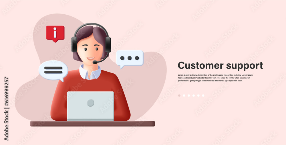 3d render illustration banner of online support center with person in headset with bubbles and laptop, difital banner 3d render illustration banner of online support center with person in headset with bubbles and laptop, difital banner