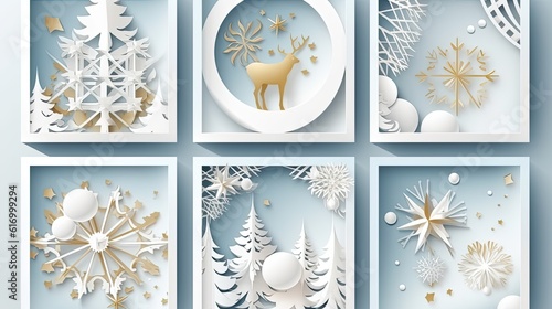 Collection of Christmas cards. Christmas holiday composition 3d. Deer and trees. Snowy trees, gifts, gold. Background, postcard
