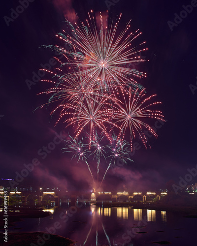 Fireworks over a park in the night sky, happy new year, year 2023-2024, new year 2023/24, badajoz, spain 