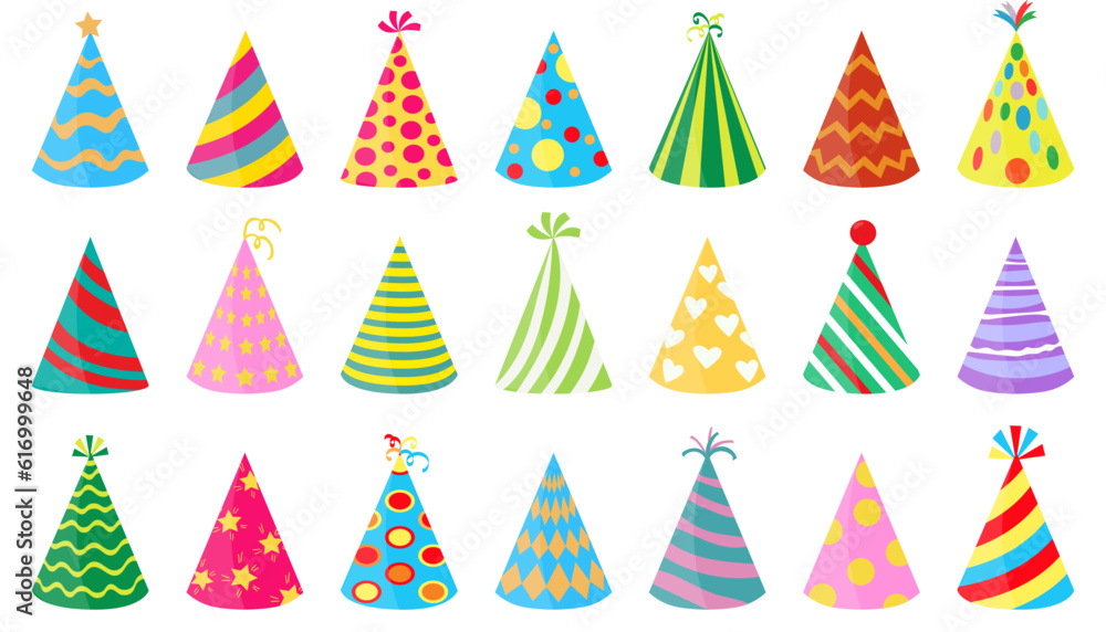 Party celebration cone hat collection. Set of party cone caps Party celebration cone hat collection. Set of party cone caps