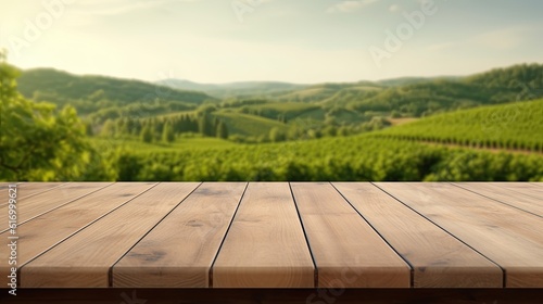 Empty wood table top with on blurred green vineyard landscape background in spring  Generative AI