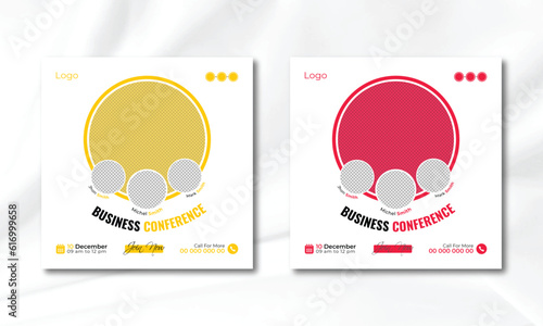 Business webinar invitation design. Webinar and business conference social media post template. Online webinar social media post template. Business conference banner template. Online live webinar.