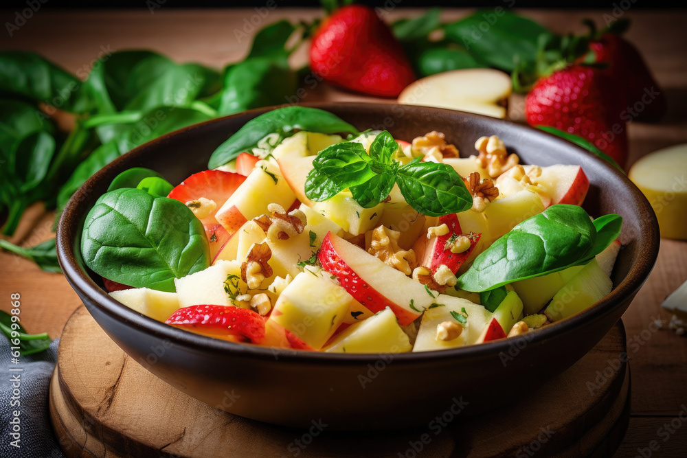 Fresh strawberries salad with spinach, wallnuts and cheese on wooden table