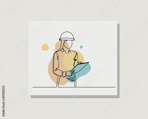 Continuous single one line art drawing of building architect construction worker woman write list notes paper in boho bohemian style design vector illustration