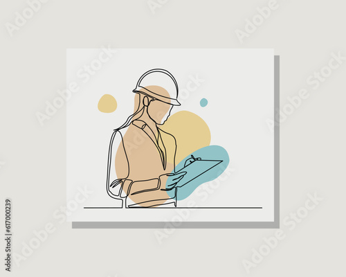 Continuous single one line art drawing of building architect construction worker woman write list notes paper in boho bohemian style design vector illustration