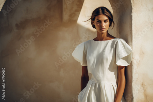 Fototapet A beautiful model in a white dress stands near a sandstone wall in the sun