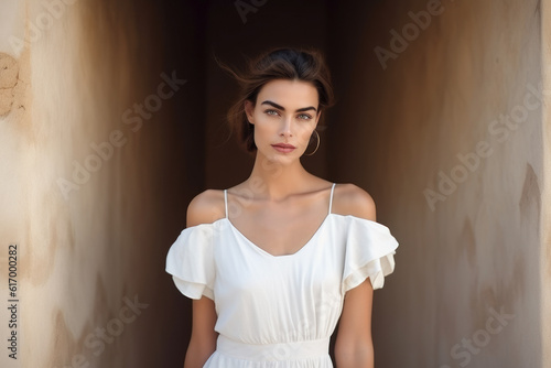 A beautiful model in a white dress stands near a sandstone wall in the sun.