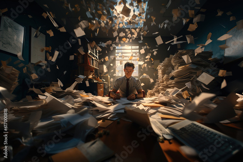 Deadline, overtime, exhaustion, workaholic or careerist concept. Tired office worker young caucasian man working at desk littered with papers, pile of documents at workplace and flying in air photo