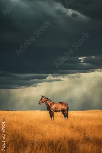 A grassy meadow with a wild horse. A minimalistic portrait of a horse against a background of storm clouds. Generative AI. © Svfotoroom