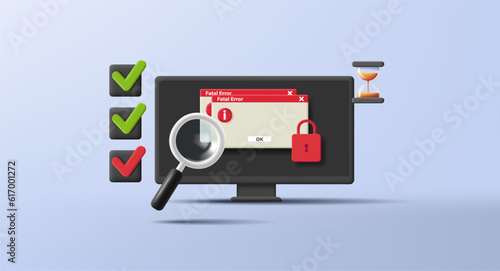 3D Vector Conceptual Illustration algorythm of actions when technical problem occures with pc and error screen with to do list check boxes