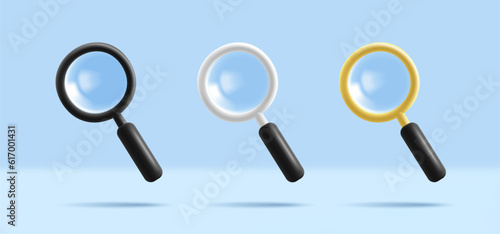Magnifying glass. Discovery, research, search, analysis concept. 3d render vector icon set.
