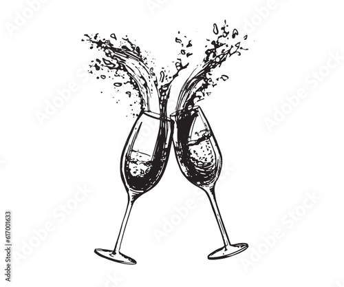 Two glasses champagne hand drawn illustrations