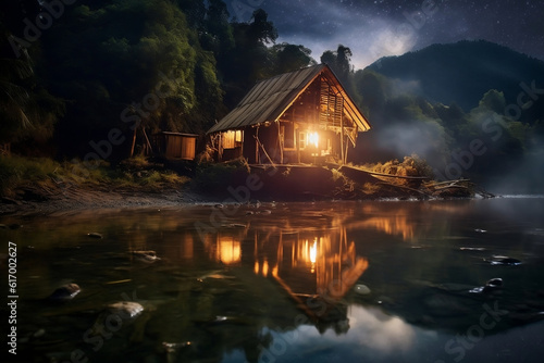 A captivating night photo of a traditional miner's hut by a quiet river under a starlit sky, depicting a gold panner's retreat.