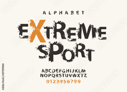 Extreme sport lettering with spots in grunge style. Splash Alphabet, vector set of abstract alphabet letters and numbers on a light background. Creative font for headline, poster, label, logo