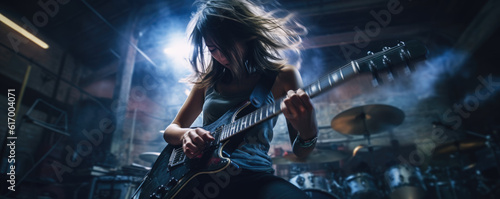 A Female guitar player, soulfully playing a guitar. With some motion blur. A guitarist of a girls band. Hand modified, generative AI.  photo