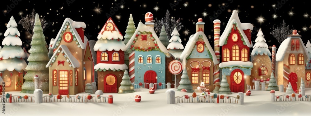 An adorable gingerbread village with cute houses, candy canes, and icing details, evoking a sense of whimsy and sweetness for Christmas web banner. Generative AI