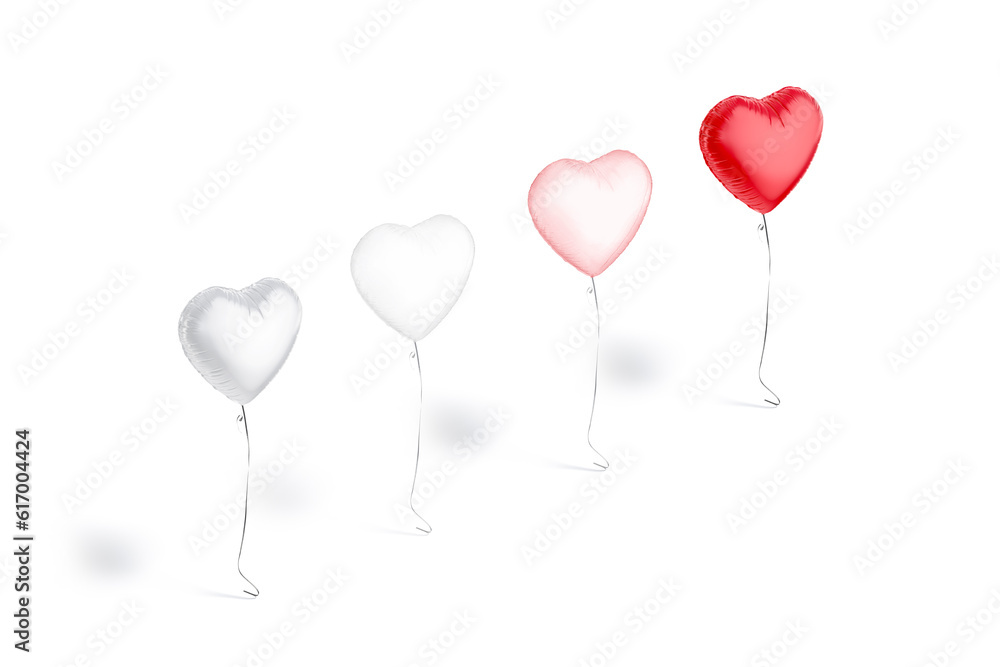 Blank silver, transparent, red, pink heart balloon flying mockup, isolated