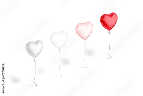 Blank silver, transparent, red, pink heart balloon flying mockup, isolated