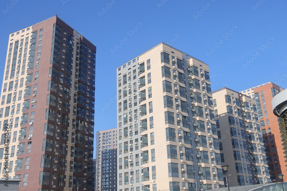 Moscow new buildings, residential complex on Varshavskoe shosse, evening. An apartment building under construction in Moscow, June 2023.