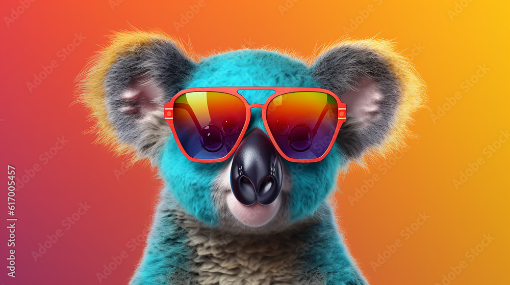ilustração de coala fofo cinza fofo em óculos escuros e camisa colorida contra fundo gradiente brilhante