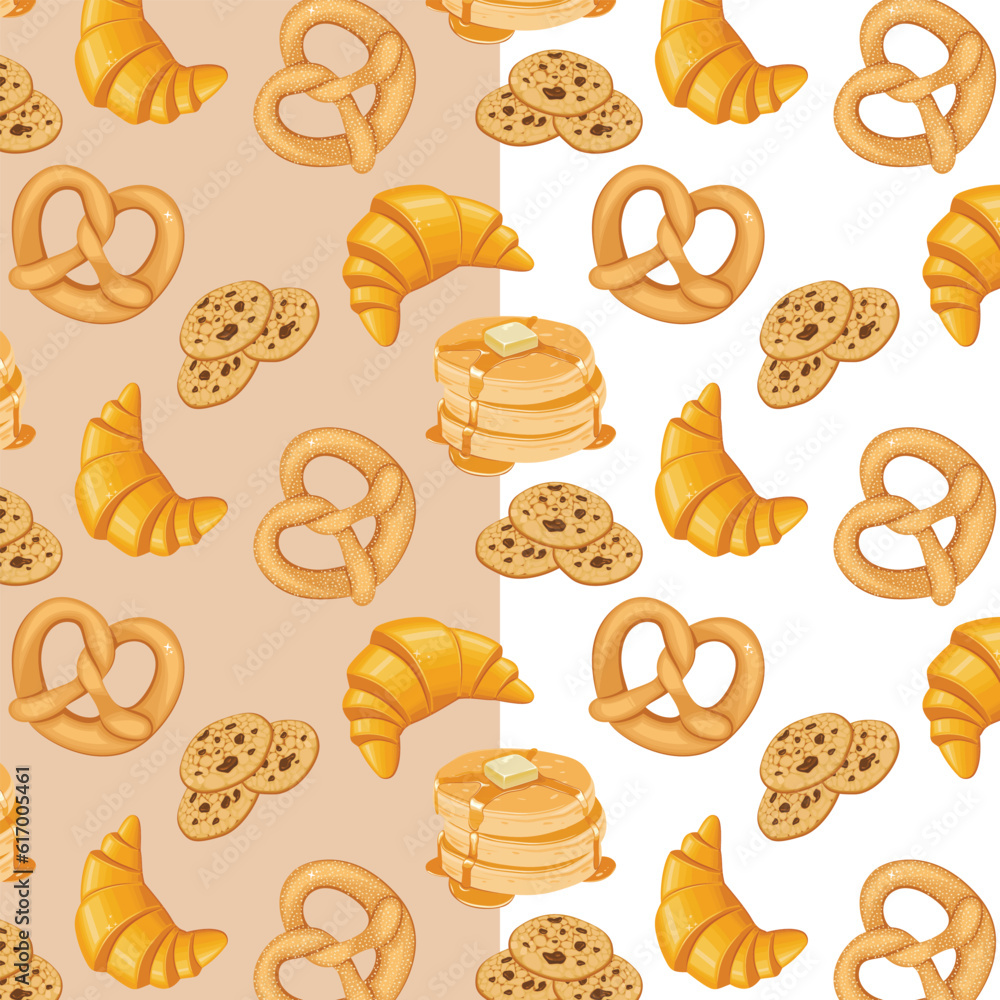 Bakery seamless pattern with pretzel croissant pancakes cookies bakery background Bakery seamless pattern with pretzel croissant pancakes cookies bakery background