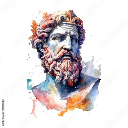 Contemporary art with antique statue head watercolor illustration. Work of art of the era of excitement. Hand drawing illustration Period of Renaissance. Sculpture of Michelangelo.