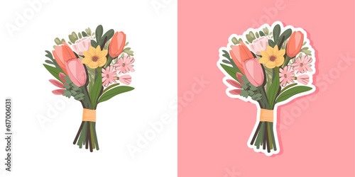 Vector set flowers bouquet. Summer spring bouquet sticker isolated, woman flowers gift, tulips and daisies, vector illustration trendy flat design	
